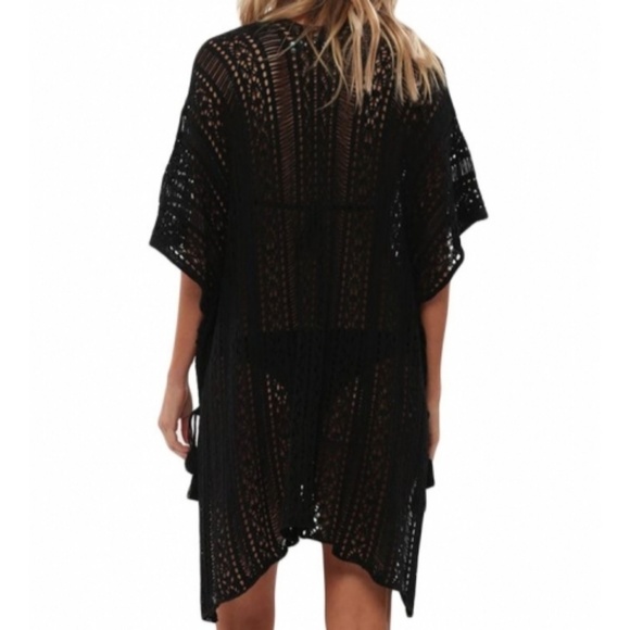 Black Crochet Knit Beach Swim Coverup Poncho Tunic - Picture 5 of 8